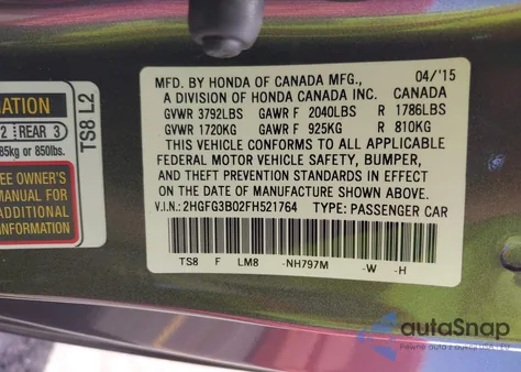 2015 Honda Civic Ex-L z USA, uszkodzony, nr VIN 2HGFG3B02FH521764